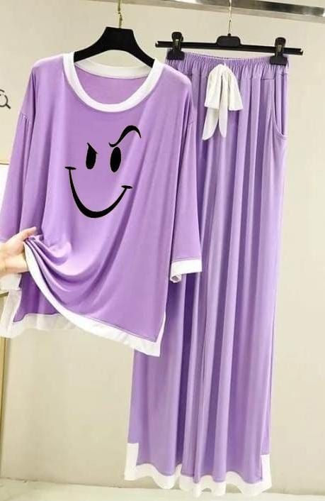Naughty Smile Purple with White Round Neck with Palazzo Pajama Full Sleeves night suit for her - Oshi.pk - Buy & Sell Online