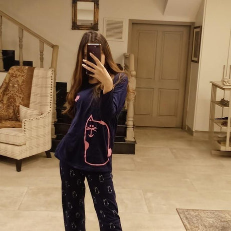 Navy Blue with Pink Cat print Full Sleeves Night Suit for her - Oshi.pk - Buy & Sell Online