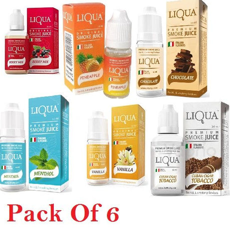 Liqua Flavor / Cloud E Liquid Juice Oil Vape Shisha Pen Refill Nicotine Option Pack of (6)