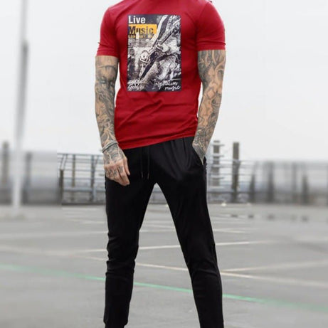 Live Music Printed Half Sleeves Cotton Jersey Summer Red T-Shirt & Black Trouser Tracksuit