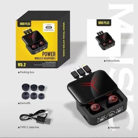 M88 Plus TWS Wireless Earbuds With 3 Cables LED Display Type C Low Latency 9D Sterio HIFI Audio Bluetooth Earphones Headset with Power Bank - Oshi.pk - Buy & Sell Online