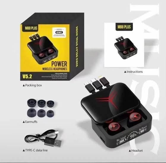 M88 Plus TWS Wireless Earbuds With 3 Cables LED Display Type C Low Latency 9D Sterio HIFI Audio Bluetooth Earphones Headset with Power Bank - Oshi.pk - Buy & Sell Online