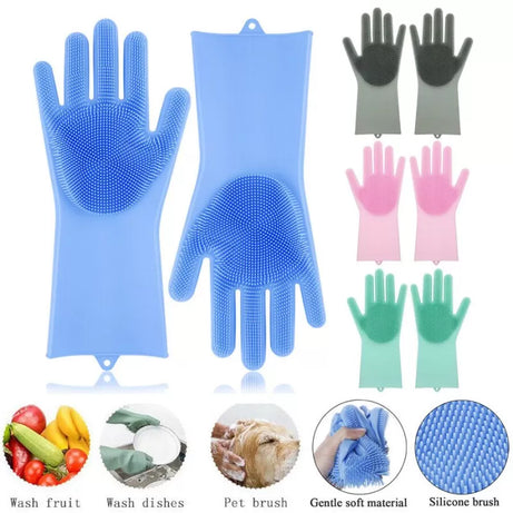 Magic Dish washing Gloves with scrubber, Silicone Cleaning Reusable Scrub Gloves for Wash Dish,Kitchen, Bathroom(Blue,1 Pair: Right + Left Hand) - Oshi.pk - Buy & Sell Online
