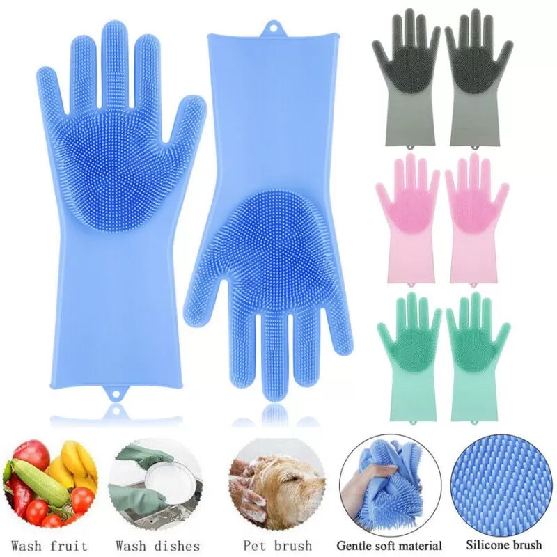 Magic Dish washing Gloves with scrubber, Silicone Cleaning Reusable Scrub Gloves for Wash Dish,Kitchen, Bathroom(Blue,1 Pair: Right + Left Hand) - Oshi.pk - Buy & Sell Online