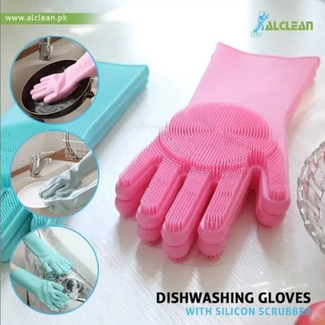 Magic Dish washing Gloves with scrubber, Silicone Cleaning Reusable Scrub Gloves for Wash Dish,Kitchen, Bathroom(Blue,1 Pair: Right + Left Hand) - Oshi.pk - Buy & Sell Online