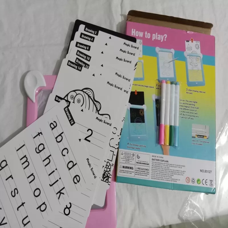 Magic Pad-Glow your drawing on board- with 15 Cards and 4 Colored Markers - Oshi.pk - Buy & Sell Online
