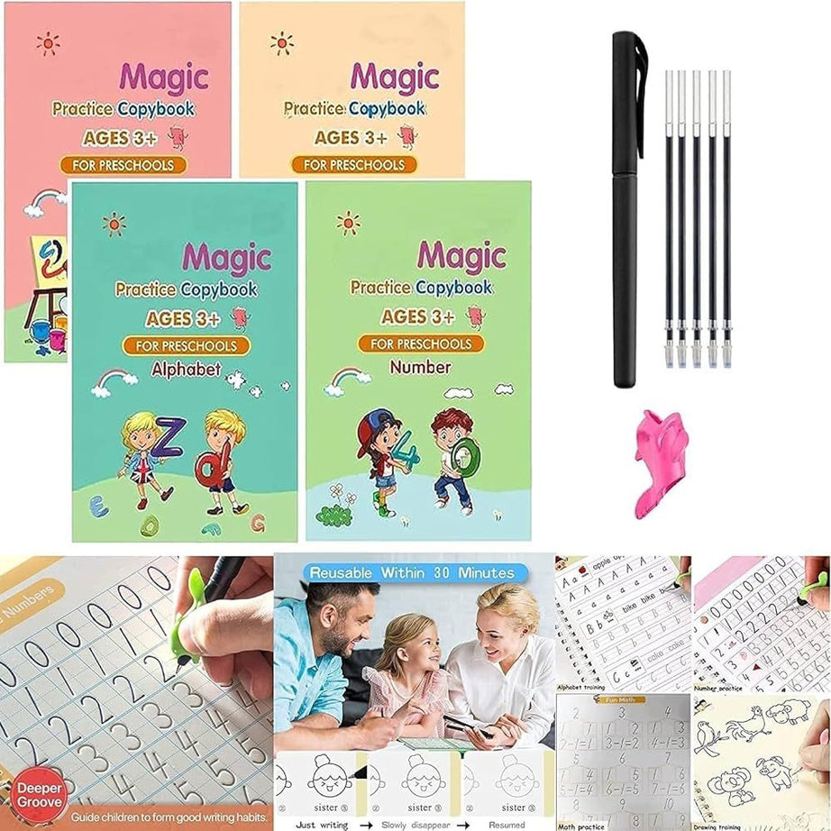 Magic Practice Copy Book for Kids - 4Pcs Magic Book with Pens, Calligraphy Practice Books for Beginners,Magical Reusable Hand Writing Book - Oshi.pk - Buy & Sell Online