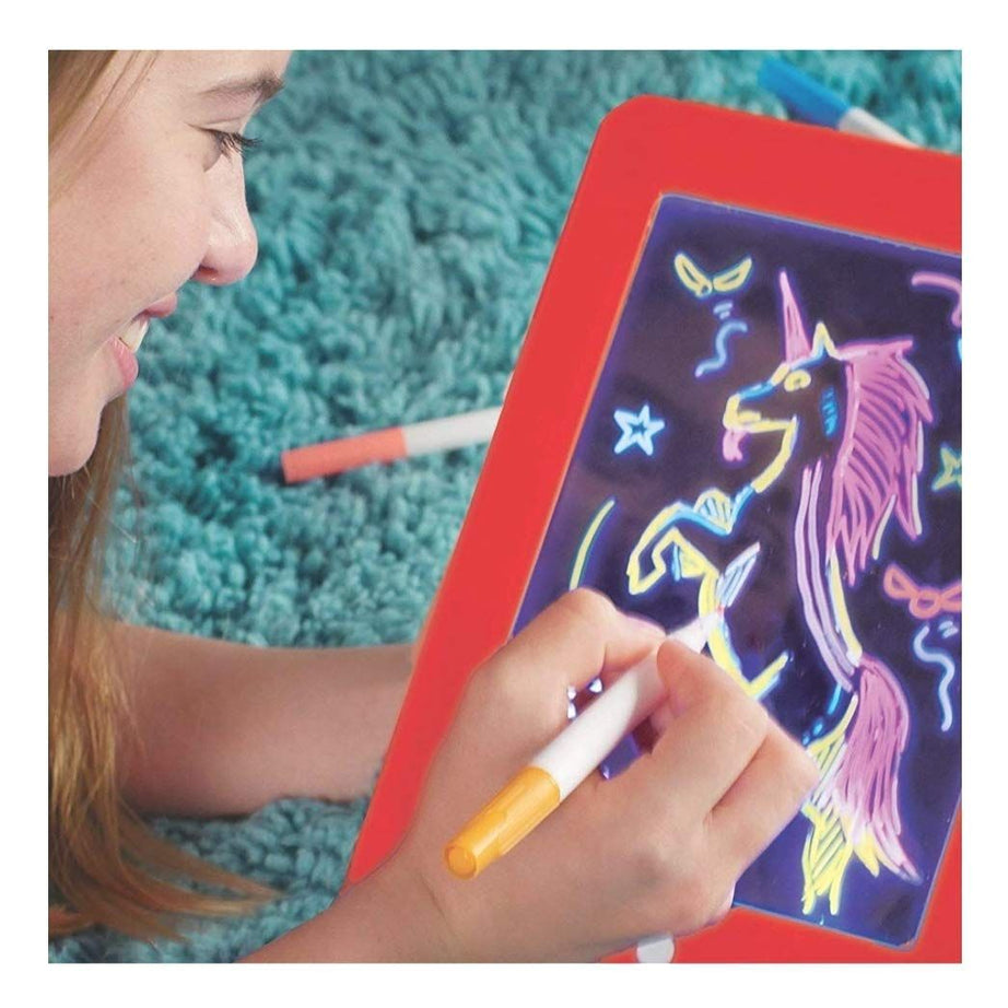 Magic Sketch Drawing Pad Light Up LED Glow Board Draw, Sketch,Doodle, Art, Write, Learning Tablet ,Includes 3 Dual Side Markets, 30 Stencils 8 Colorfu - Oshi.pk - Buy & Sell Online