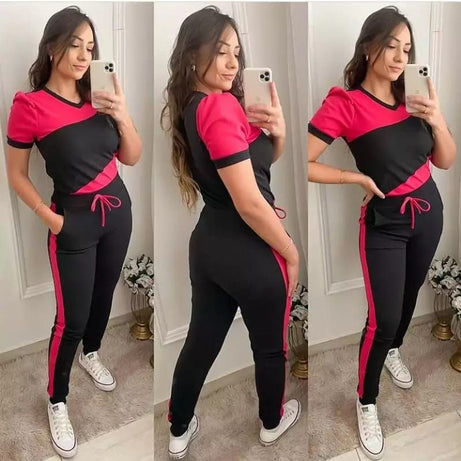 Pink Black Panel Gym Summer Suit Or Yoga Suit Tracksuit For Her - Oshi.pk - Buy & Sell Online