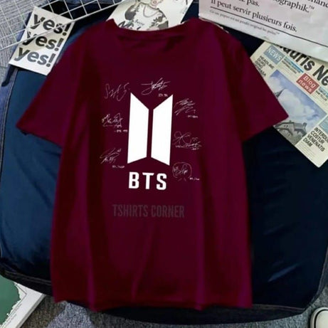 Maroon T Shirt for women n girls Trendy Summer collection in stylish New Signature Bts printed round neck half sleeves BTS Lovers T shirt - Oshi.pk - Buy & Sell Online