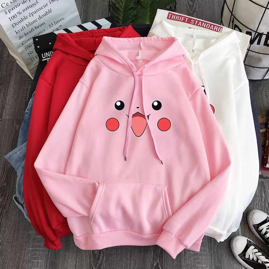 Pokemon Pichachu Printed Fleece Full Sleeves Pull Over Pink Hoodie For Women