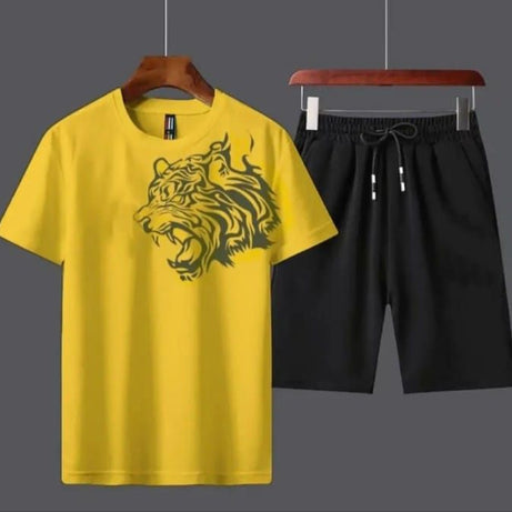 Milti Tiger Printed Yellow Cotton Half Sleeves O Neck Short & Tshirt For Men & Boys - Oshi.pk - Buy & Sell Online