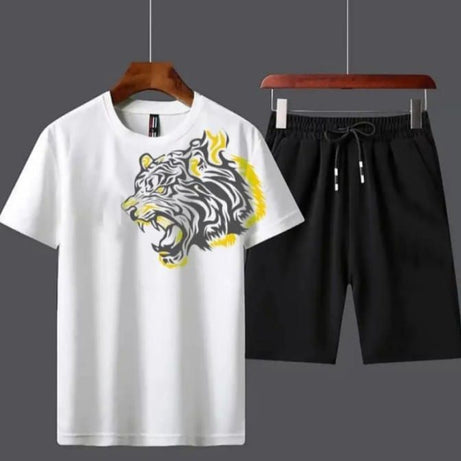 Milti Tiger Printed White Cotton Half Sleeves O Neck Short & Tshirt For Men & Boys - Oshi.pk - Buy & Sell Online