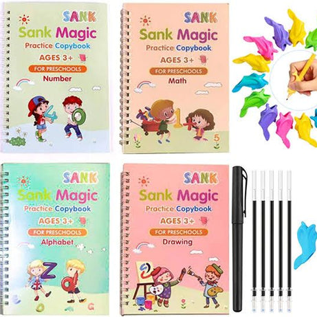 Montessori Reusable Magic Book 4Magic Books + 1Magic Pen + 10Refills + 1Grip Children's Calligraphy Copybook Magic Writin - Oshi.pk - Buy & Sell Online