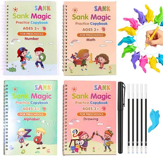 Montessori Reusable Magic Book 4Magic Books + 1Magic Pen + 10Refills + 1Grip Children's Calligraphy Copybook Magic Writin - Oshi.pk - Buy & Sell Online