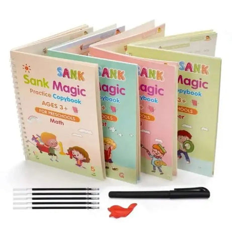 Montessori Reusable Magic Book 4Magic Books + 1Magic Pen + 10Refills + 1Grip Children's Calligraphy Copybook Magic Writin - Oshi.pk - Buy & Sell Online