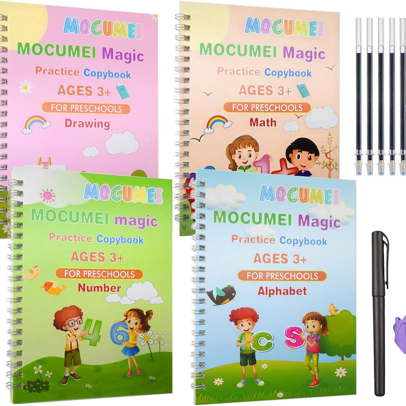 Montessori Reusable Magic Book 4Magic Books + 1Magic Pen + 10Refills + 1Grip Children's Calligraphy Copybook Magic Writing Handwriting Copy book - Oshi.pk - Buy & Sell Online