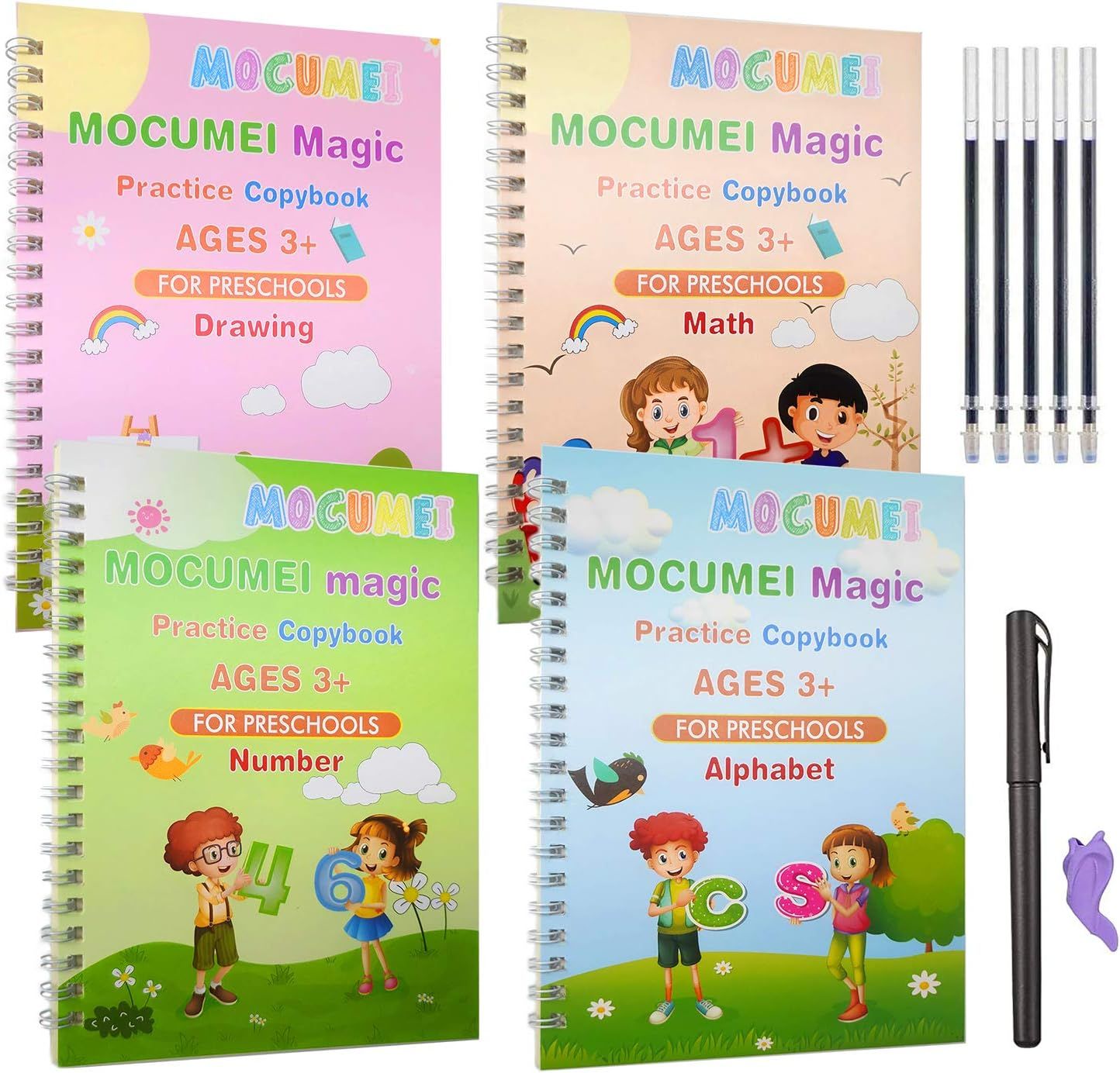 Montessori Reusable Magic Book 4Magic Books + 1Magic Pen + 10Refills + 1Grip Children's Calligraphy Copybook Magic Writing Handwriting Copy book - Oshi.pk - Buy & Sell Online