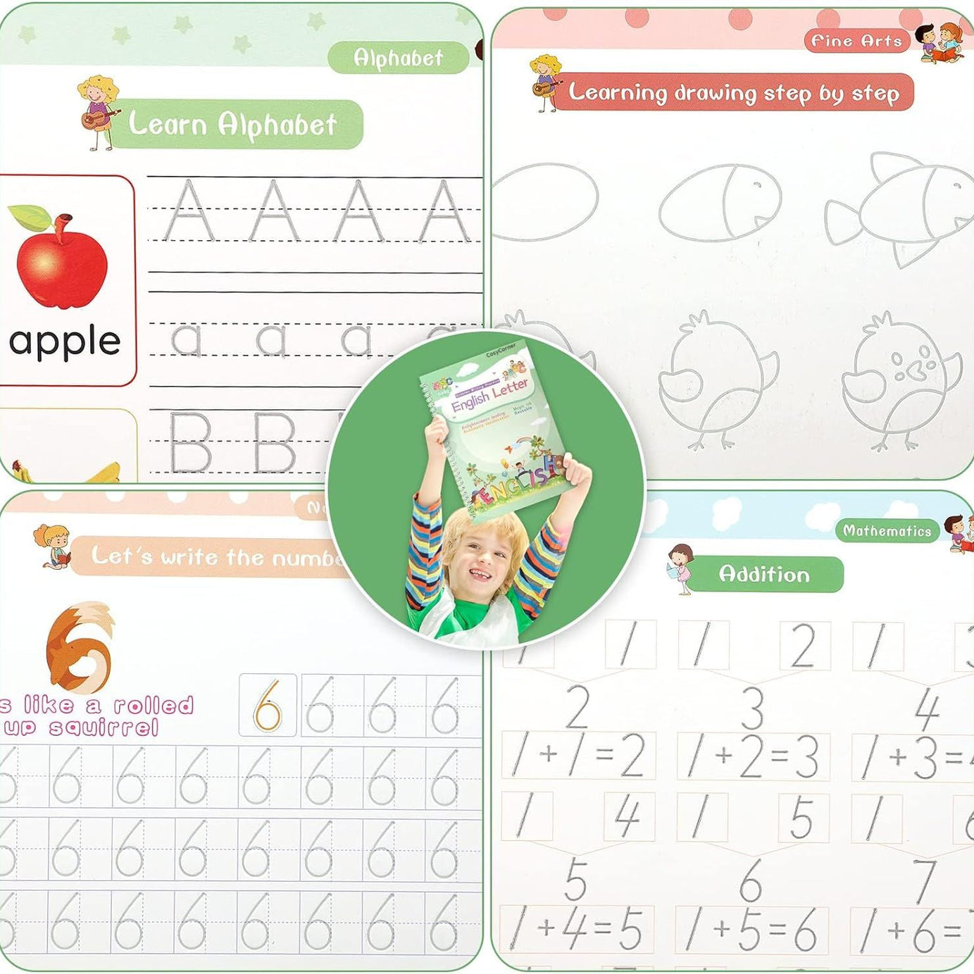 Montessori Reusable Magic Book 4Magic Books + 1Magic Pen + 10Refills + 1Grip Children's Calligraphy Copybook Magic Writing Handwriting Copy book - Oshi.pk - Buy & Sell Online