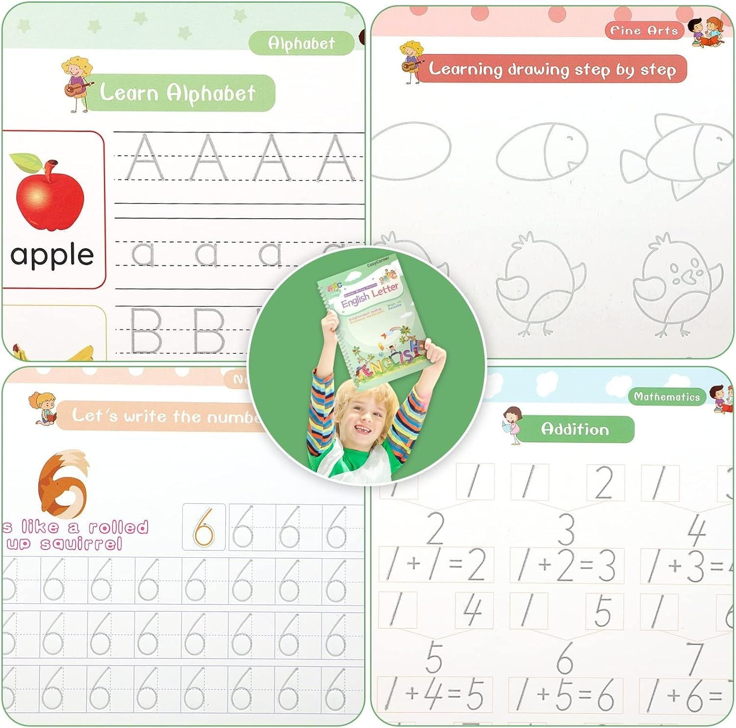 Montessori Reusable Magic Book 4Magic Books + 1Magic Pen + 10Refills + 1Grip Children's Calligraphy Copybook Magic Writing Handwriting Copy book - Oshi.pk - Buy & Sell Online