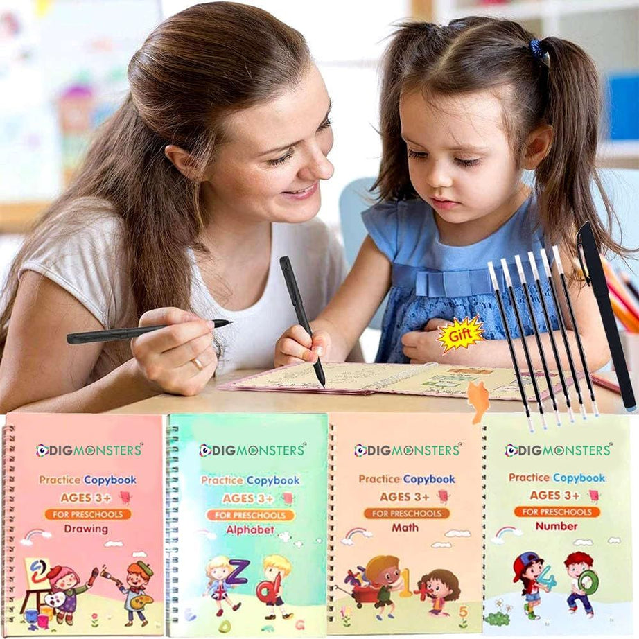 Montessori Reusable Magic Book 4Magic Books + 1Magic Pen + 10Refills + 1Grip Children's Calligraphy Copybook Magic Writing Handwriting Copy book - Oshi.pk - Buy & Sell Online