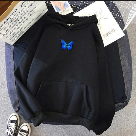 Multi butterfly logo Printed Fleece Full Sleeves Pull Over Hoodie In Black For Women & Girls - Oshi.pk - Buy & Sell Online