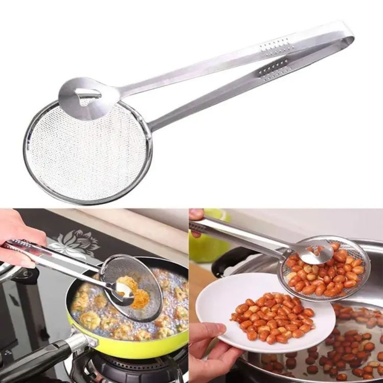 Multi-Functional Fry Tool Filter Spoon Strainer With Clip Oil Frying BBQ Filter Stainless Steel Mesh Strainer Kitchen Tool - Oshi.pk - Buy & Sell Online