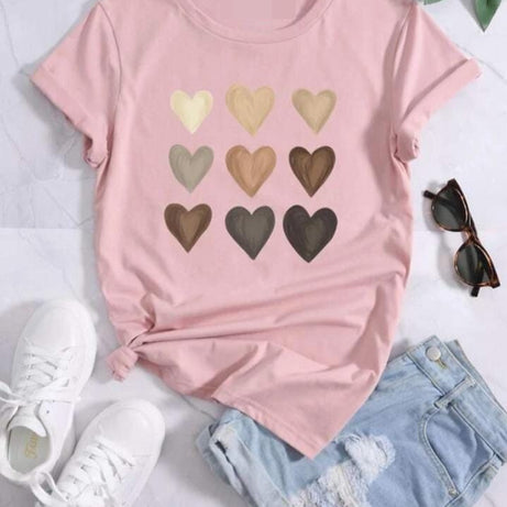 Multicolor Heart Print Round Neck Tee - Oshi.pk - Buy & Sell Online