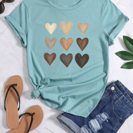 Multicolor Heart Print Round Neck Tee - Oshi.pk - Buy & Sell Online