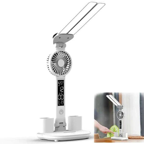 LED Desk Lamp with Fan and Clock - Foldable Multifunction Table Lamp with Pen Holder for Bedroom and Home Office