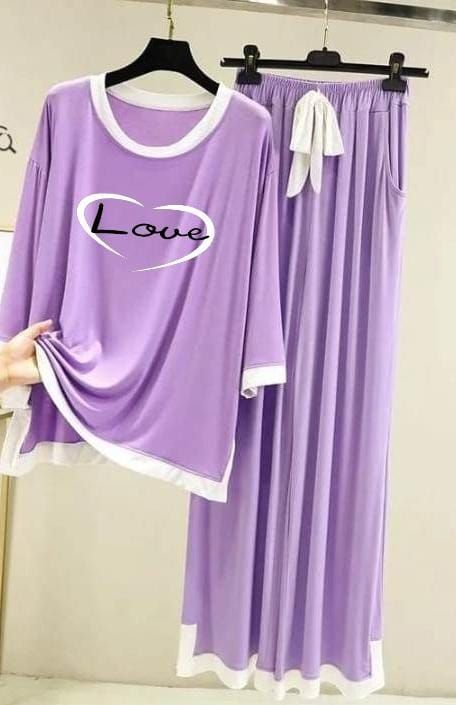 Butterfly Purple with White Round Neck with Palazzo Pajama Full Sleeves night suit for her - Oshi.pk - Buy & Sell Online