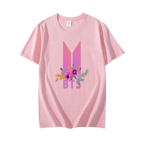 New BTS Pink T Shirt Design Trendy BTS Flower Printed O Neck Half Sleeves T Shirt - Oshi.pk - Buy & Sell Online