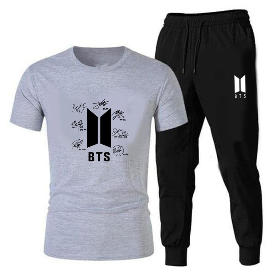 New BTS Signature Grey T shirt And Black Trouser Casual Tracksuit Trousers Summer Arrival - Oshi.pk - Buy & Sell Online