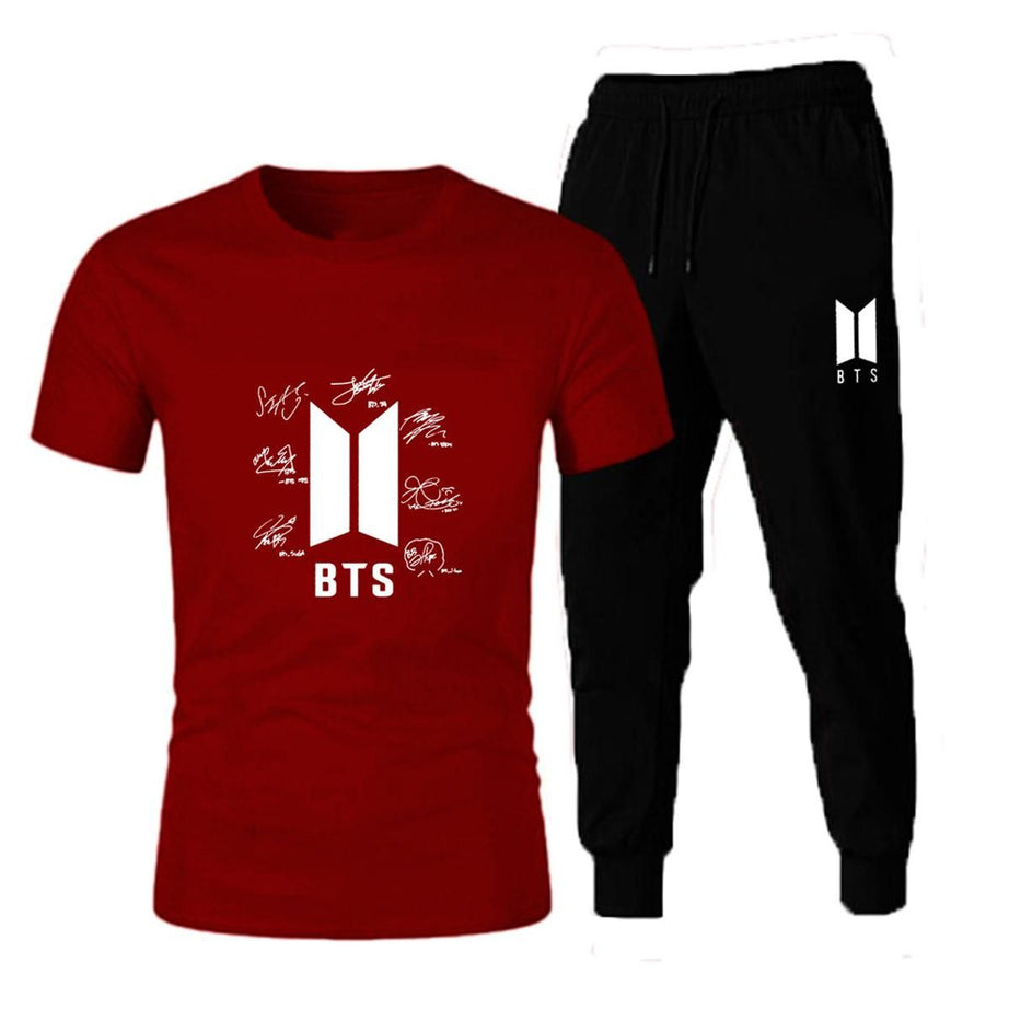 New BTS Signature Maroon T shirt And Black Trouser Casual Tracksuit Trousers Summer Arrival - Oshi.pk - Buy & Sell Online