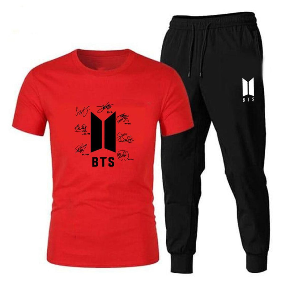 New BTS Signature Red T shirt And Black Trouser Casual Tracksuit Trousers Summer Arrival