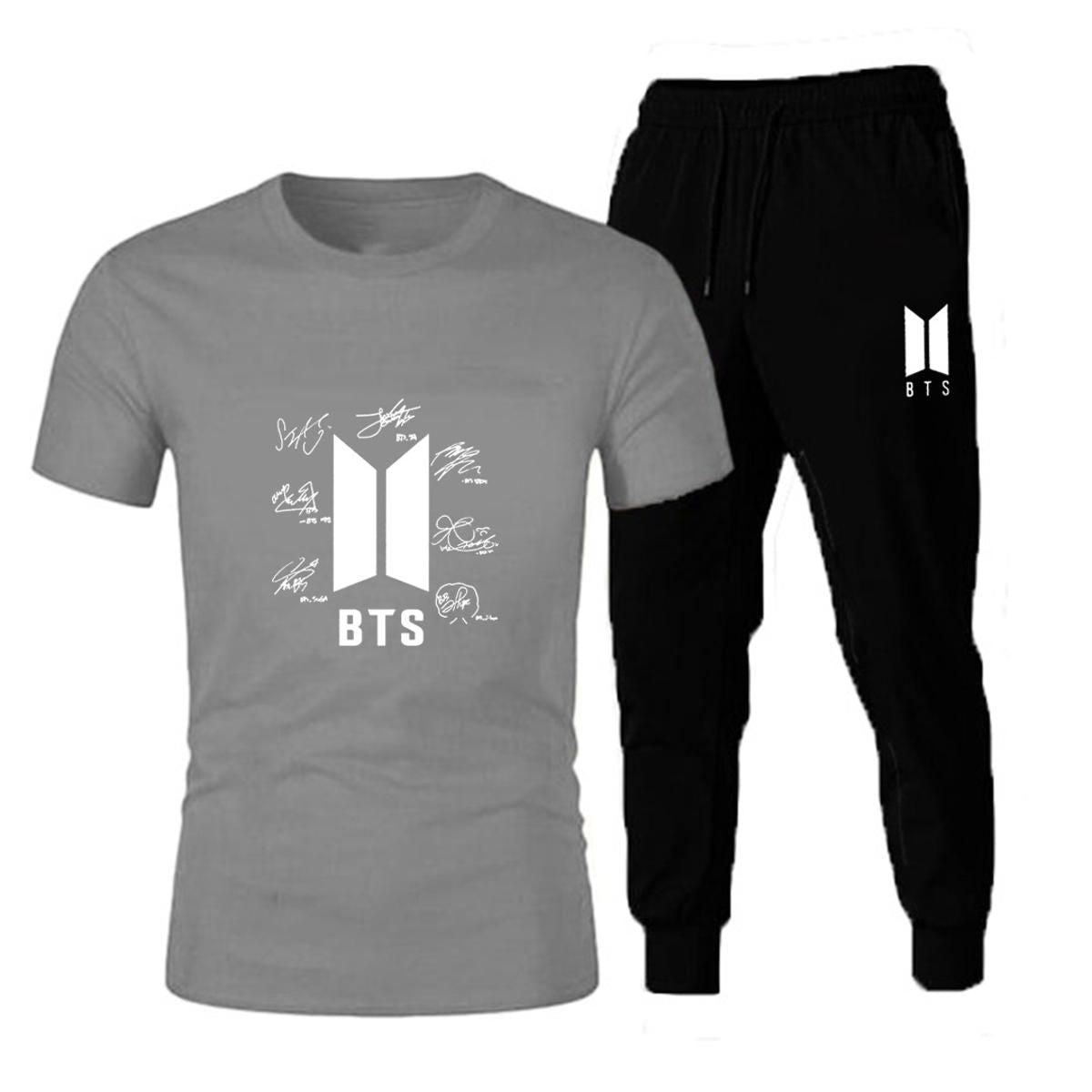 New BTS Signature Steel grey T shirt And Black Trouser Casual Tracksuit Trousers Summer Arrival - Oshi.pk - Buy & Sell Online