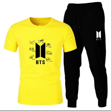 New BTS Signature Yellow T shirt And Black Trouser Casual Tracksuit Trousers Summer Arrival - Oshi.pk - Buy & Sell Online