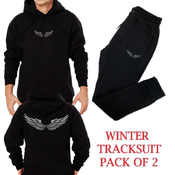 New Front Back Trendy Wings Printed Black Hoodie and Black Trouser Tracksuit Winter Collection trendy fashion Gym Sports Outdoors Wear - Oshi.pk - Buy & Sell Online