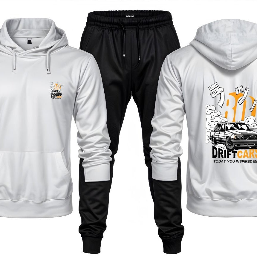New Front Back Trendy Car Drift Printed White Hoodie and Black Trouser Tracksuit Winter Collection trendy fashion Gym Sports Outdoors Wear - Oshi.pk - Buy & Sell Online