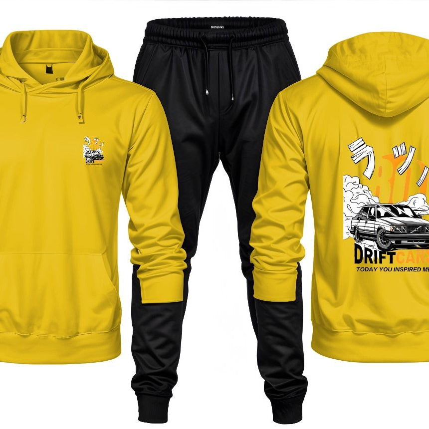 New Front Back Trendy Car Drift Printed Yellow Hoodie and Black Trouser Tracksuit Winter Collection trendy fashion Gym Sports Outdoors Wear - Oshi.pk - Buy & Sell Online