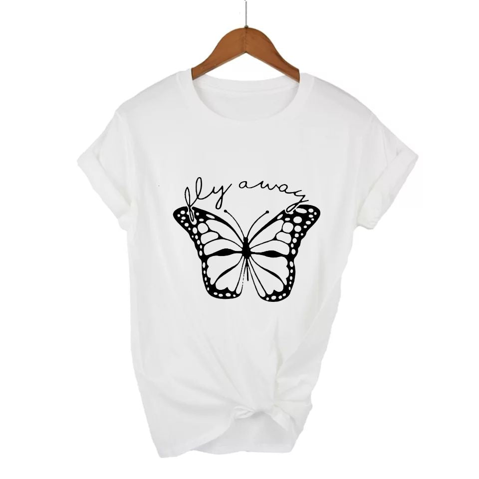 New Smart Fit Half Sleeves White T Shirt. New Stylish Butterflies Design Casual Wear ,Export Quality , Round Neck For Girls - Oshi.pk - Buy & Sell Online