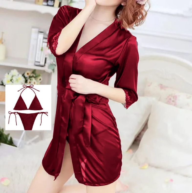 New Stretch Silk Three Piece Sexy Sleepwear Lingerie Set With Robe (Maroon) - Oshi.pk - Buy & Sell Online