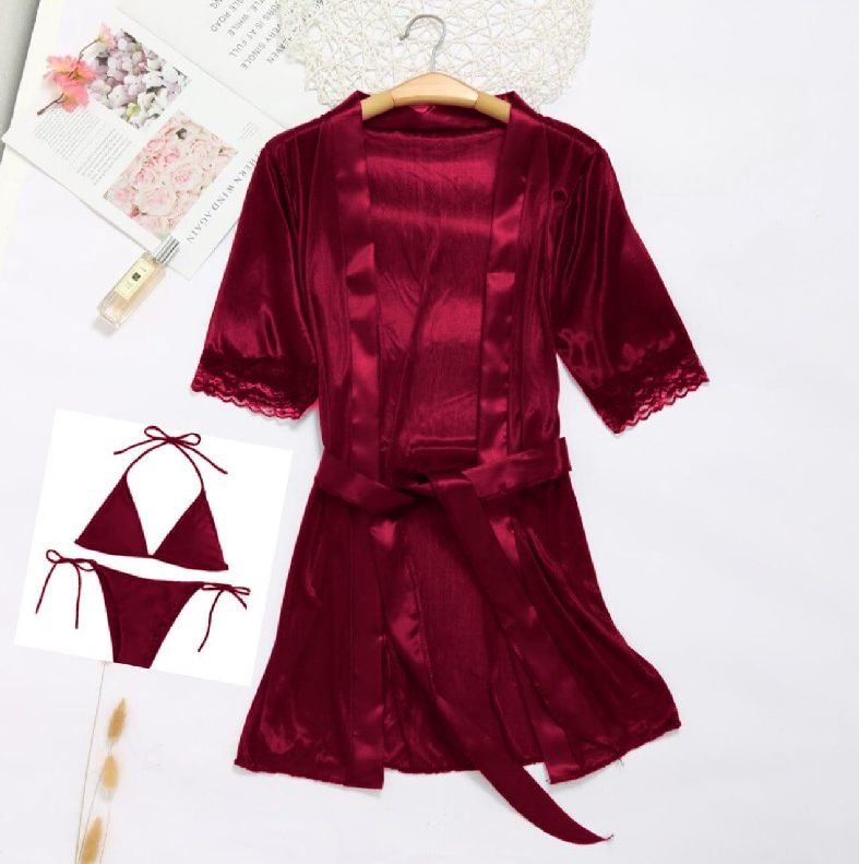 New Stretch Silk Three Piece Sexy Sleepwear Lingerie Set With Robe (Maroon) - Oshi.pk - Buy & Sell Online