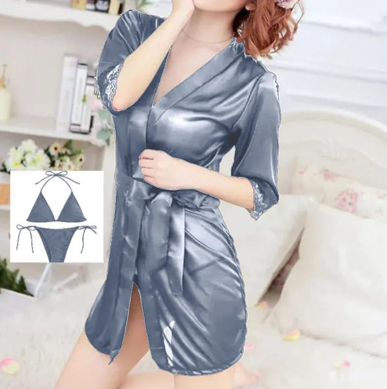 New Stretch Silk Three Piece Sexy Sleepwear Lingerie Set With Robe (Silver) - Oshi.pk - Buy & Sell Online
