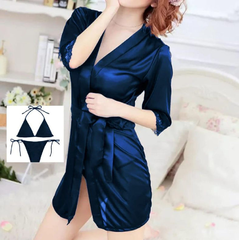 New Stretch Silk Three Piece Sexy Sleepwear Lingerie Set With Robe (Blue) - Oshi.pk - Buy & Sell Online