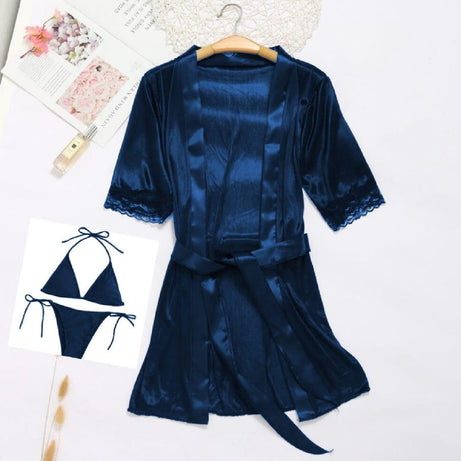 New Stretch Silk Three Piece Sexy Sleepwear Lingerie Set With Robe (Blue) - Oshi.pk - Buy & Sell Online