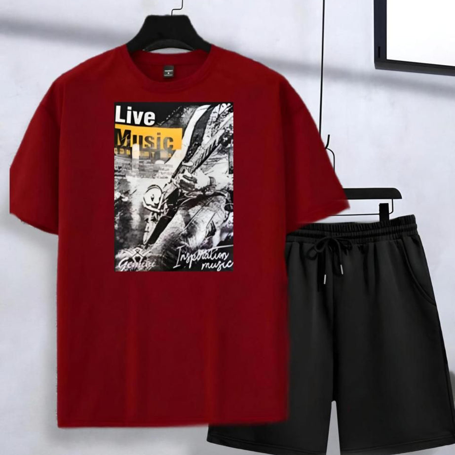 New tracksuit Live Music Printed In Maroon Color Cotton Half Sleeves O Neck Short & Tshirt Summer Wear For Men & Boys - Oshi.pk - Buy & Sell Online