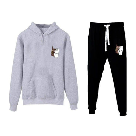 New Trendy Print Winter Tracksuit With Warm Fleece Grey Hoodie and Trouser For Men