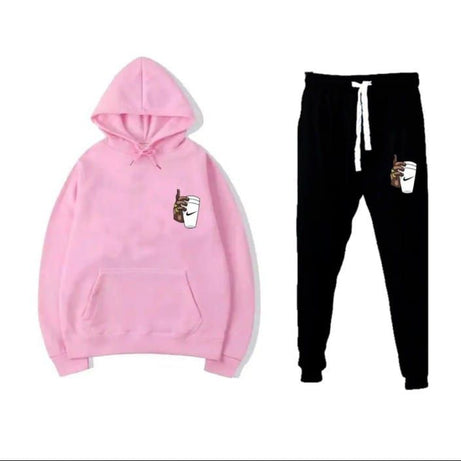 New Trendy Print Winter Tracksuit With Warm Fleece Pink Hoodie and Trouser For Women