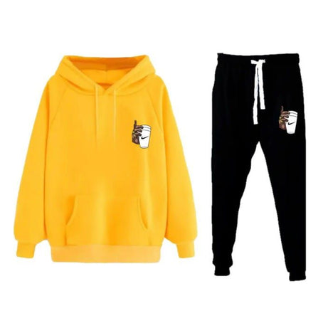 New Trendy Print Winter Tracksuit With Warm Fleece Yellow Hoodie and Trouser For Men